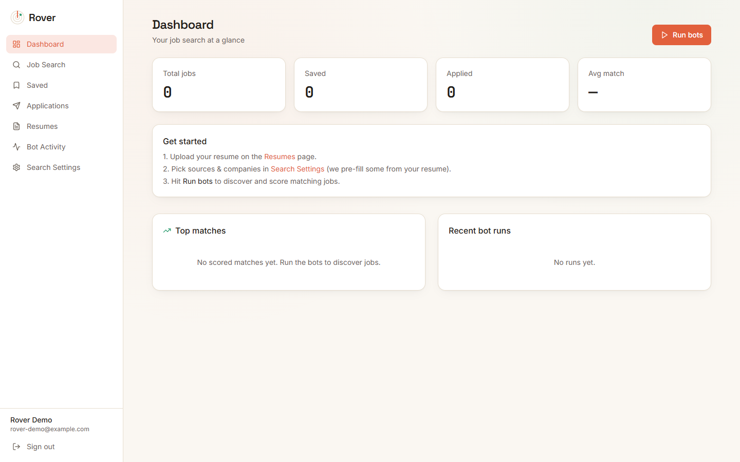Rover dashboard — match scores, saved jobs, applications