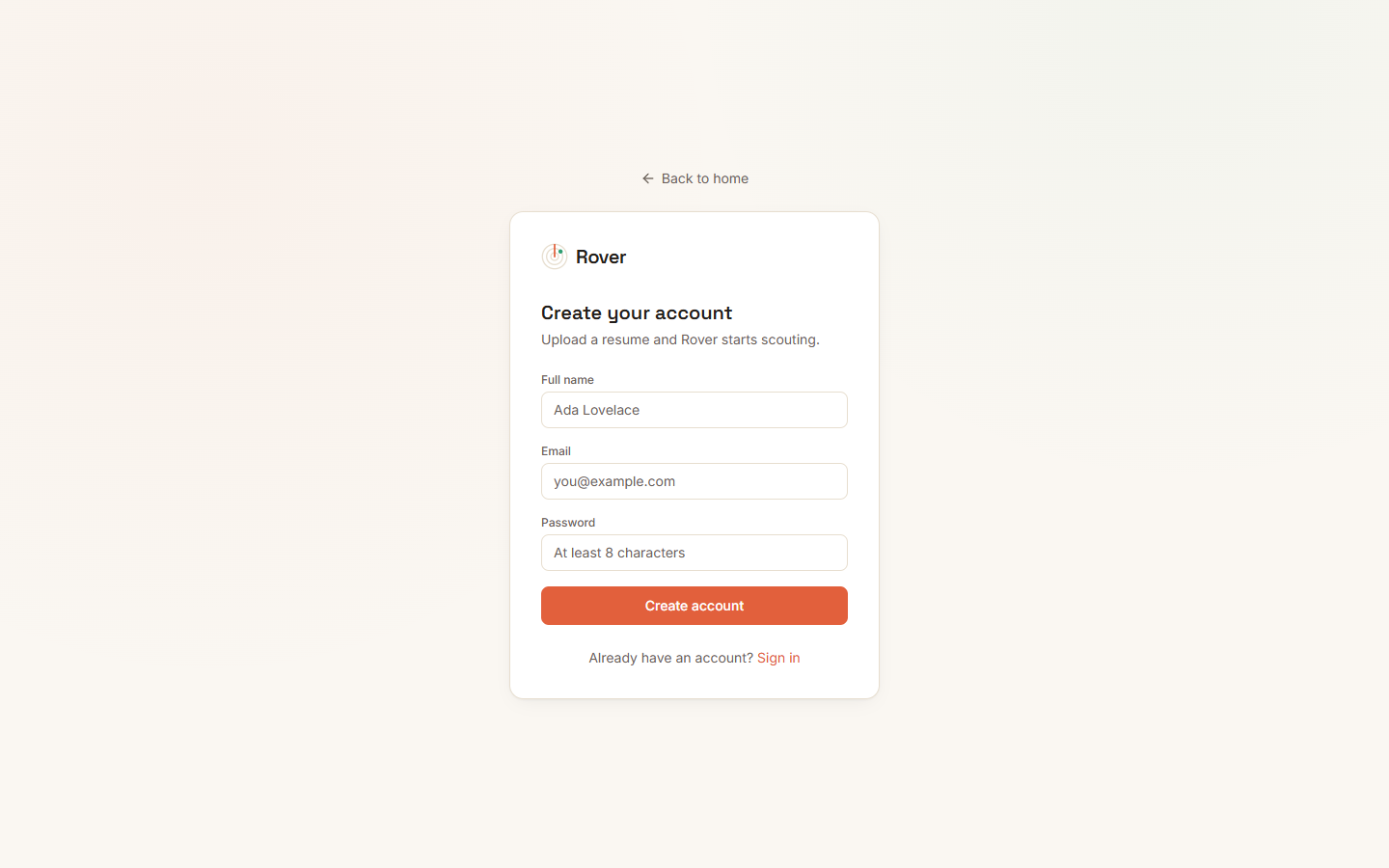 Signup screen